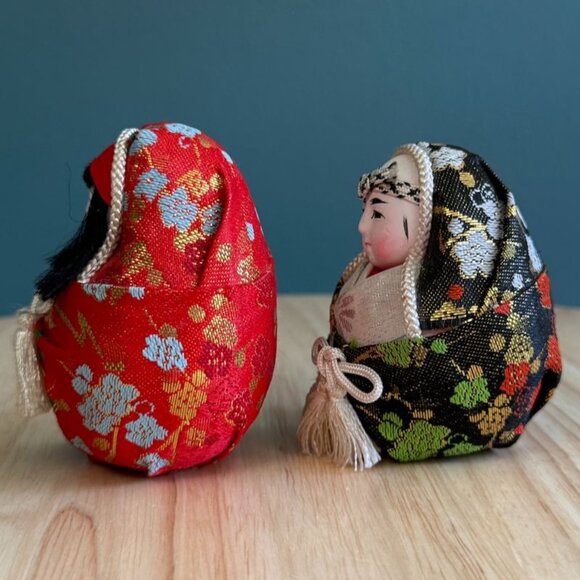 Vintage Japanese Wedding Doll Couple Roly-Poly Hime Daruma Gofun Face 4.5" Tall - Picture 6 of 10